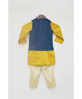 Blue Velvet Embroidered Nehru Jacket with Kurta Set For Boys 5