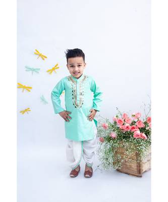 Blue Mirror Embroidery Jacket With Cotton Silk Kurta And Pant 1