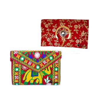 Shoptory India Women's Handcrafted Embroidered Clutch with Rajasthani Embroidered Bag Combo - Red 1