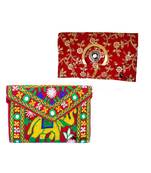 Shoptory India Women's Handcrafted Embroidered Clutch with Rajasthani Embroidered Bag Combo - Red