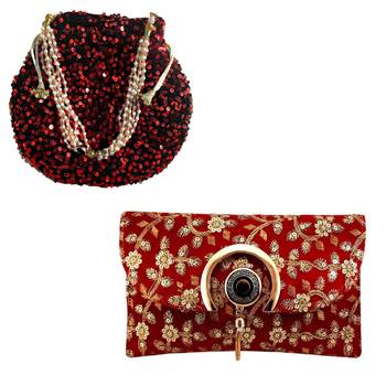 Shoptory India Women's Handcrafted Embroidered Rajasthani Bag With Women's Embellished Wristlets Combo - Red 1