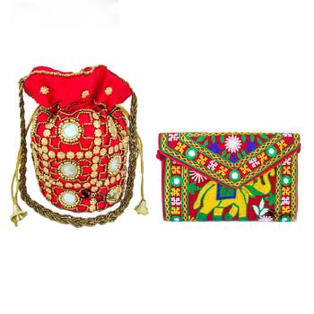 Shoptory India Women's Handcrafted Embroidered Rajasthani Bag With Women's Embellished Wristlets Combo - Red 1