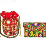 Shoptory India Women's Handcrafted Embroidered Rajasthani Bag With Women's Embellished Wristlets Combo - Red