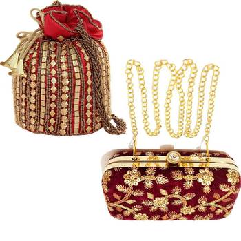 Shoptory India Women's Tulle Velvet Handcrafted Embroidered Clutch Women's Handcrafted Wristlets Bag Combo - Red/Maroon 1