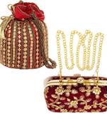 Shoptory India Women's Tulle Velvet Handcrafted Embroidered Clutch Women's Handcrafted Wristlets Bag Combo - Red/Maroon