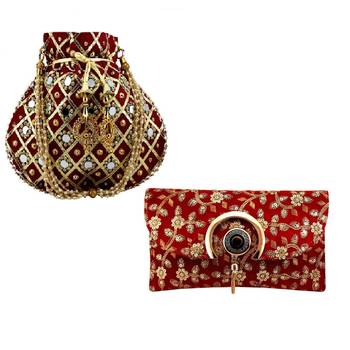 Shoptory India Women's Handcrafted Embroidered Rajasthani Bag With Women's Embellished Wristlets Combo - Red/Maroon 1