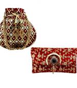 Shoptory India Women's Handcrafted Embroidered Rajasthani Bag With Women's Embellished Wristlets Combo - Red/Maroon