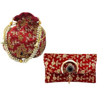 Shoptory India Women's Handcrafted Embroidered Rajasthani Bag With Women's Embellished Wristlets Combo - Red/Maroon 1