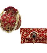 Shoptory India Women's Handcrafted Embroidered Rajasthani Bag With Women's Embellished Wristlets Combo - Red/Maroon