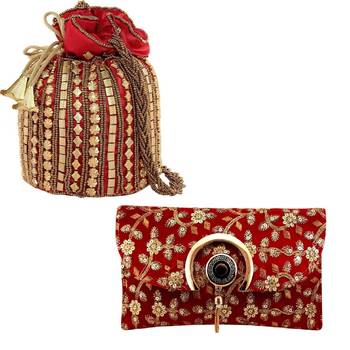Shoptory India Women's Handcrafted Embroidered Rajasthani Bag With Women's Embellished Wristlets Combo - Red 1
