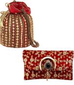 Shoptory India Women's Handcrafted Embroidered Rajasthani Bag With Women's Embellished Wristlets Combo - Red
