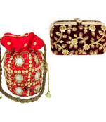 Shoptory India Women's Tulle Velvet Handcrafted Embroidered Clutch Women's Handcrafted Wristlets Bag Combo - Red/Maroon