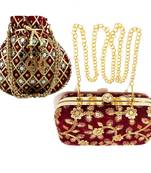 Shoptory India Women's Tulle Velvet Handcrafted Embroidered Clutch Women's Handcrafted Wristlets Bag Combo - Maroon