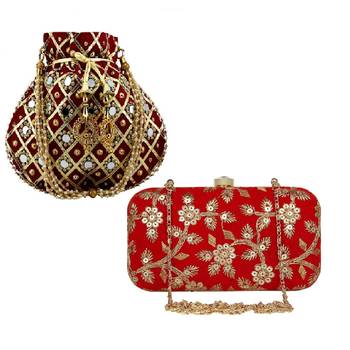 Shoptory India Women's Tulle Velvet Handcrafted Embroidered Clutch Women's Handcrafted Wristlets Bag Combo - Red 1