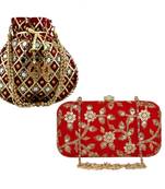 Shoptory India Women's Tulle Velvet Handcrafted Embroidered Clutch Women's Handcrafted Wristlets Bag Combo - Red