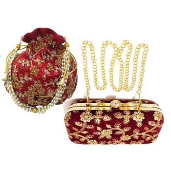 Shoptory India Women's Tulle Velvet Handcrafted Embroidered Clutch Women's Handcrafted Wristlets Bag Combo - Maroon 1