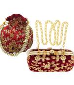 Shoptory India Women's Tulle Velvet Handcrafted Embroidered Clutch Women's Handcrafted Wristlets Bag Combo - Maroon