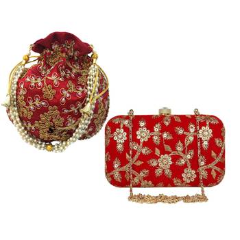 Shoptory India Women's Tulle Velvet Handcrafted Embroidered Clutch Women's Handcrafted Wristlets Bag Combo - Red/Maroon 1