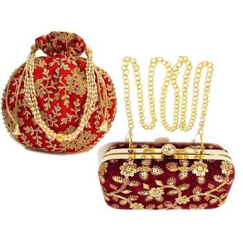 Shoptory India Women's Tulle Velvet Handcrafted Embroidered Clutch Women's Handcrafted Wristlets Bag Combo - Red/Maroon 1