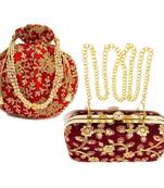 Shoptory India Women's Tulle Velvet Handcrafted Embroidered Clutch Women's Handcrafted Wristlets Bag Combo - Red/Maroon