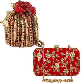 Shoptory India Women's Tulle Velvet Handcrafted Embroidered Clutch Women's Handcrafted Wristlets Bag Combo - Red 1