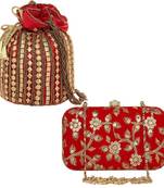 Shoptory India Women's Tulle Velvet Handcrafted Embroidered Clutch Women's Handcrafted Wristlets Bag Combo - Red