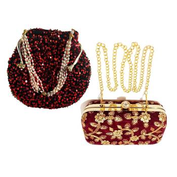 Shoptory India Women's Tulle Velvet Handcrafted Embroidered Clutch Women's Handcrafted Wristlets Bag Combo - Red/Maroon 1