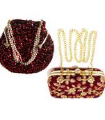 Shoptory India Women's Tulle Velvet Handcrafted Embroidered Clutch Women's Handcrafted Wristlets Bag Combo - Red/Maroon