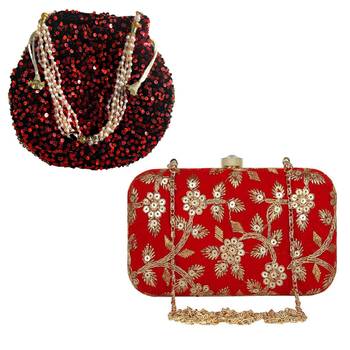 Shoptory India Women's Tulle Velvet Handcrafted Embroidered Clutch Women's Handcrafted Wristlets Bag Combo - Red 1