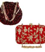 Shoptory India Women's Tulle Velvet Handcrafted Embroidered Clutch Women's Handcrafted Wristlets Bag Combo - Red
