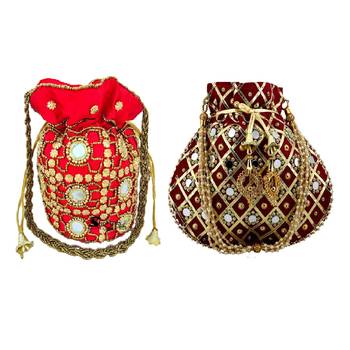 Shoptory India Women's Handcrafted Rajsthani Gotta Patti Work Embellished Wristlets Potlis Combo - Red/Maroon 1