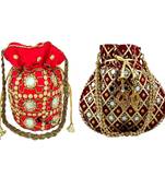 Shoptory India Women's Handcrafted Rajsthani Gotta Patti Work Embellished Wristlets Potlis Combo - Red/Maroon