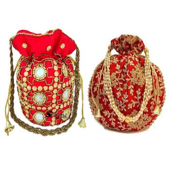 Shoptory India Women's Handcrafted Rajsthani Gotta Patti Work Embellished Wristlets Potlis Combo - Red/Maroon 1