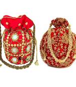 Shoptory India Women's Handcrafted Rajsthani Gotta Patti Work Embellished Wristlets Potlis Combo - Red/Maroon