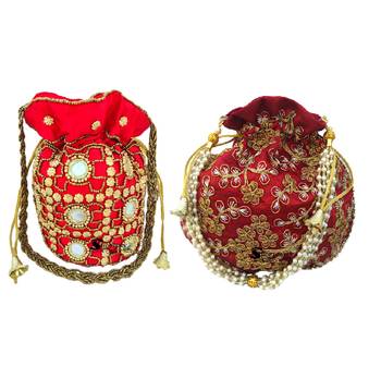 Shoptory India Women's Handcrafted Rajsthani Embellished Wristlets Potli Combo - Red/Maroon 1