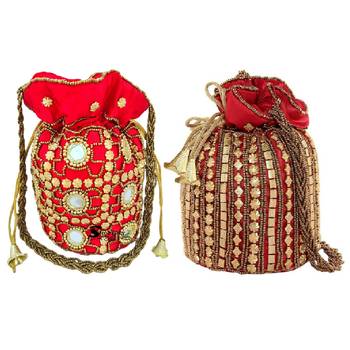 Shoptory India Women's Handcrafted Rajsthani Embellished Wristlets Potli Combo - Red 1
