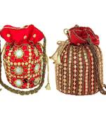Shoptory India Women's Handcrafted Rajsthani Embellished Wristlets Potli Combo - Red