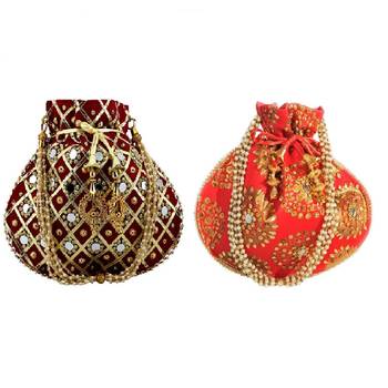 Shoptory India Women's Handcrafted Rajsthani Embellished Wristlets Potli Combo - Red 1