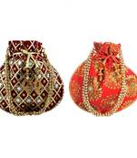 Shoptory India Women's Handcrafted Rajsthani Embellished Wristlets Potli Combo - Red