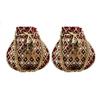 Shoptory India Women's Handcrafted Rajsthani Embellished Wristlets Potli Combo - Maroon 1