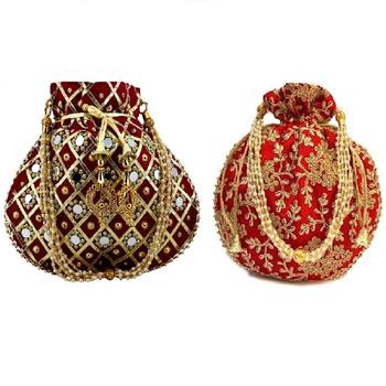 Shoptory India Women's Handcrafted Rajsthani Embellished Wristlets Potli Combo - Red/Maroon 1