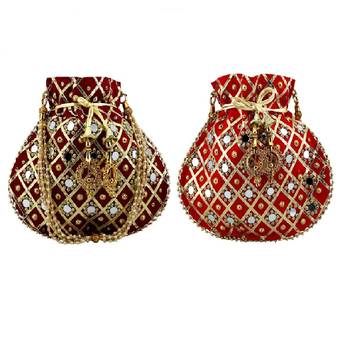 Shoptory India Women's Handcrafted Rajsthani Embellished Wristlets Potli Combo - Red/Maroon 1