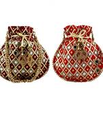 Shoptory India Women's Handcrafted Rajsthani Embellished Wristlets Potli Combo - Red/Maroon