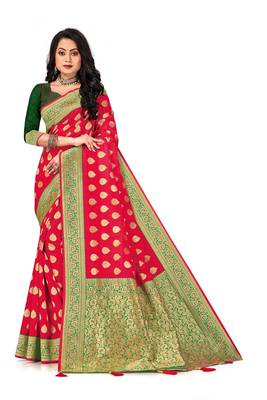 Mehrang Red Woven Banarasi Silk Zari Work Saree with Blouse  1