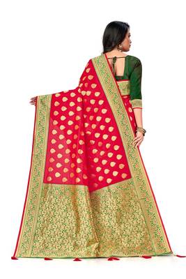 Mehrang Red Woven Banarasi Silk Zari Work Saree with Blouse  2