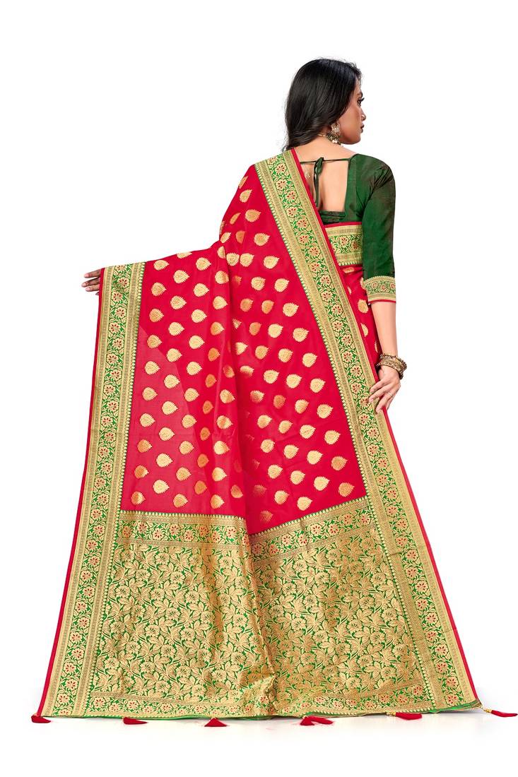 Mehrang Red Woven Banarasi Silk Zari Work Saree with Blouse 
