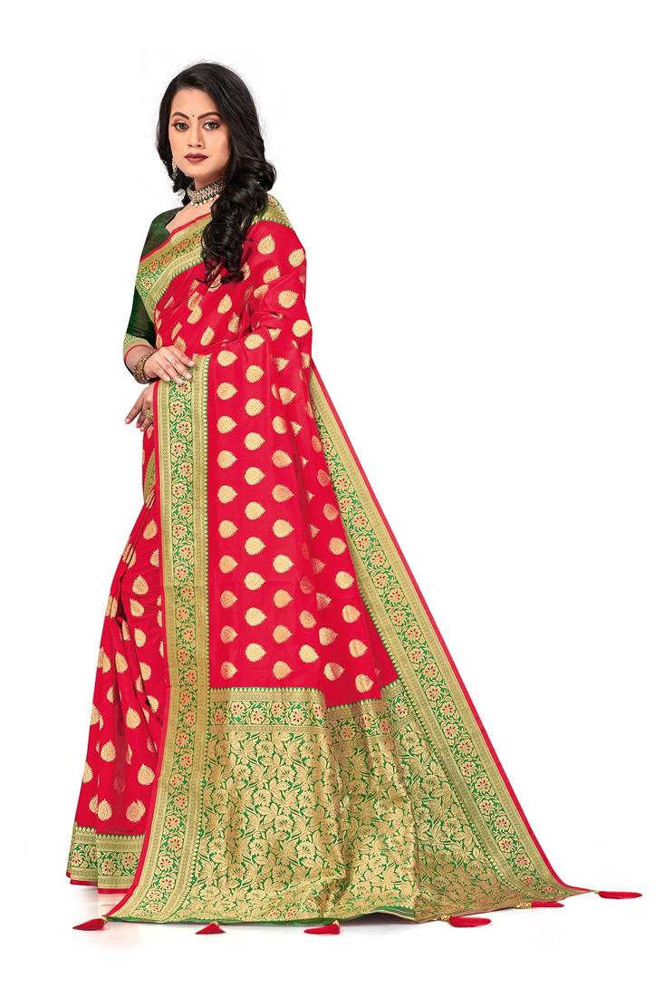 Mehrang Red Woven Banarasi Silk Zari Work Saree with Blouse 