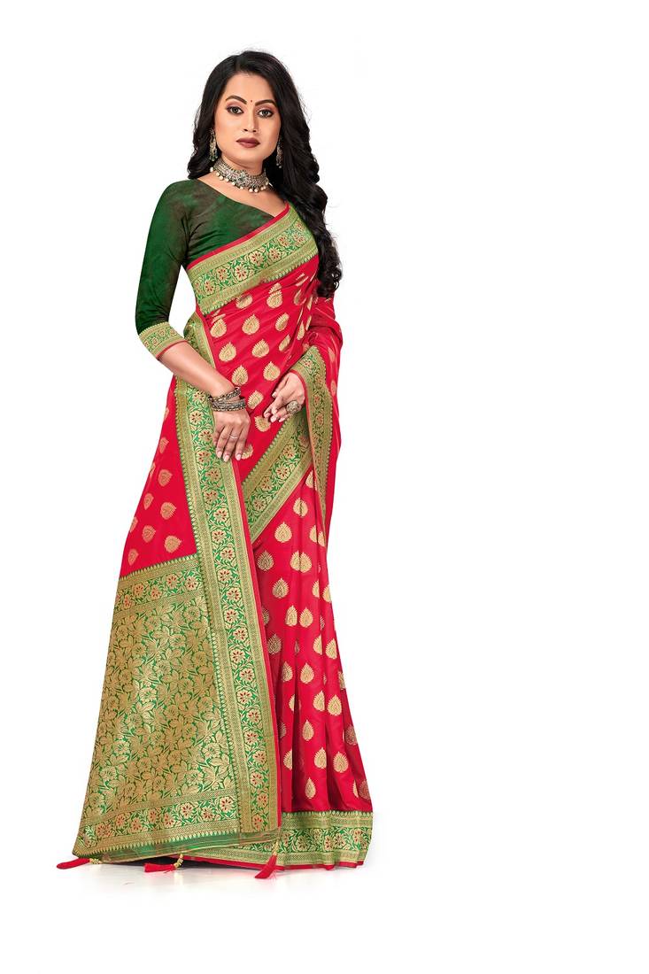 Mehrang Red Woven Banarasi Silk Zari Work Saree with Blouse 
