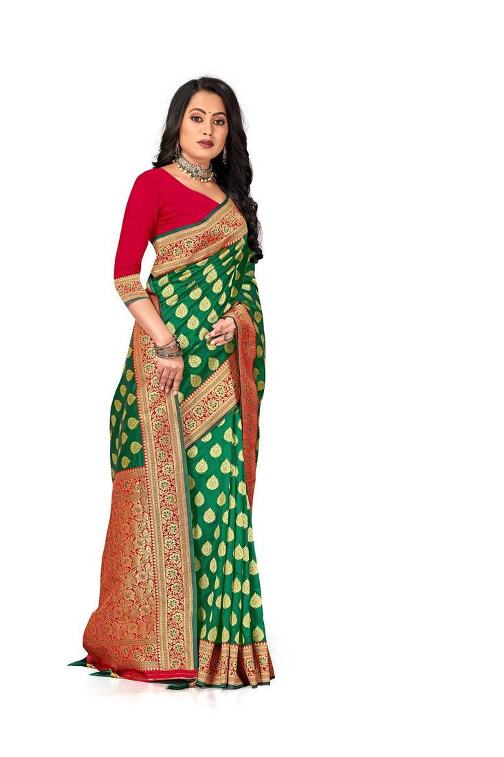 Mehrang Red Woven Banarasi Silk Zari Work Saree with Blouse 