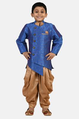 Blue embroidered cotton silk boys-indo-western-dress 1